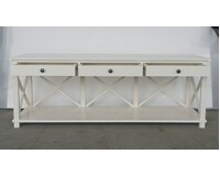Hamptons Style Oak TV Entertainment Unit Off Winter White With 3 Drawers & Cross Design