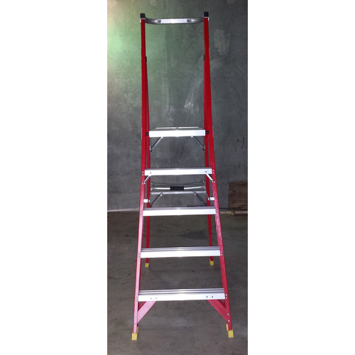 5 Step Fibreglass Platform Ladder + Wheels 1.5M-2.35M Industrial Rated 150kg