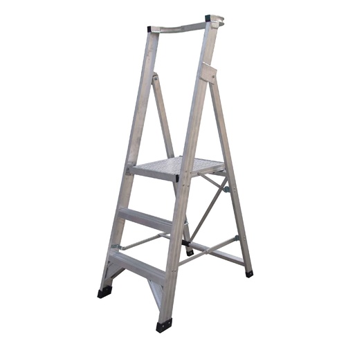 3 Step Aluminium Platform Ladder + Wheels 0.9M-1.8M Industrial Rated 150kg