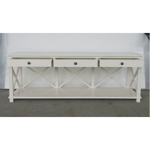 Hamptons Style Oak TV Entertainment Unit Off Winter White With 3 Drawers & Cross Design