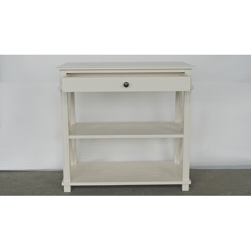 Hamptons Style Oak Large Side Table Off Winter White With 1 Drawer & Shelf