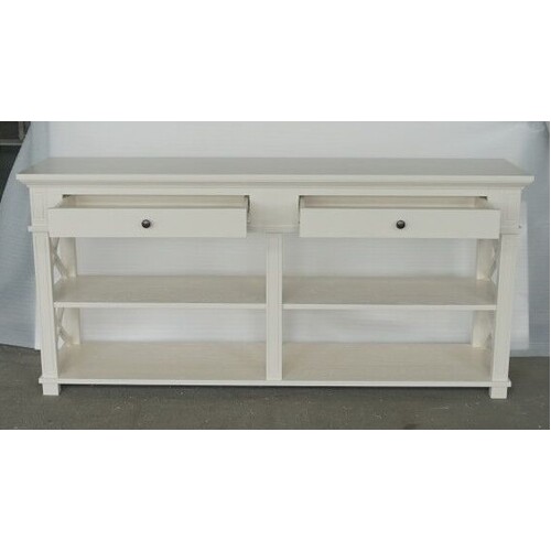 Hamptons Style Oak Console Table Off Winter White With 2 Drawers & Shelf